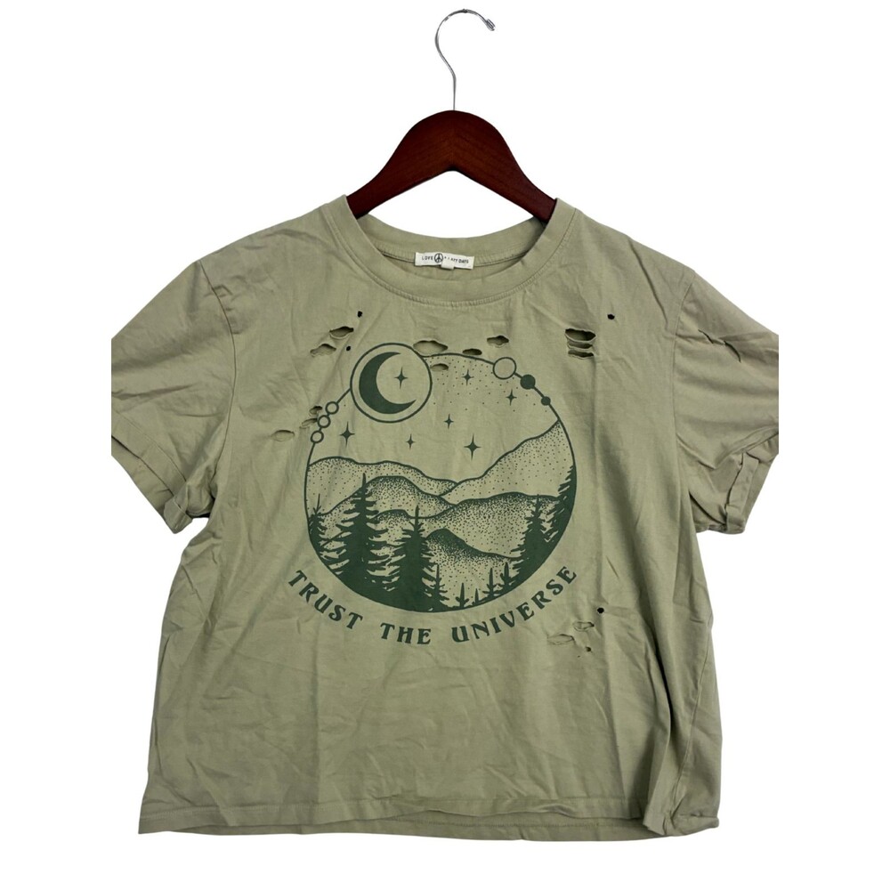 Love & Lazy Days Trust The Universe T Shirt Womens XL Green Distressed Graphic